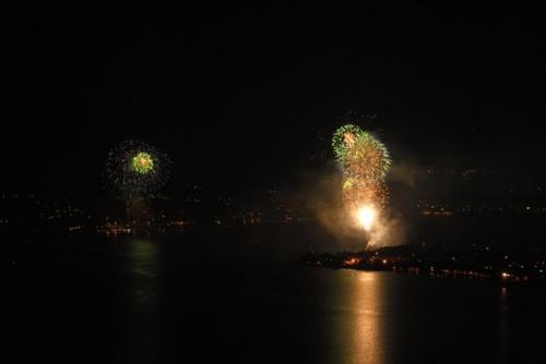two fireworks in the sky over the water at night at Agriturismo Piccolo paradiso in Pianello Del Lario