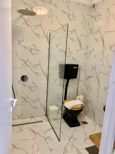 a bathroom with a toilet and a glass shower at Shantell Luxury Apartment in Netanya