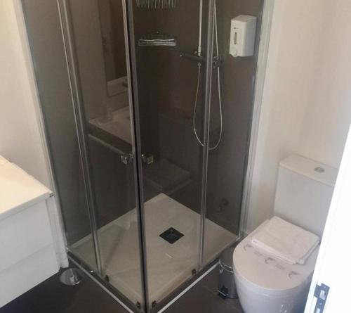 a bathroom with a shower and a toilet at Basto Vila Hotel in Cabeceiras de Basto