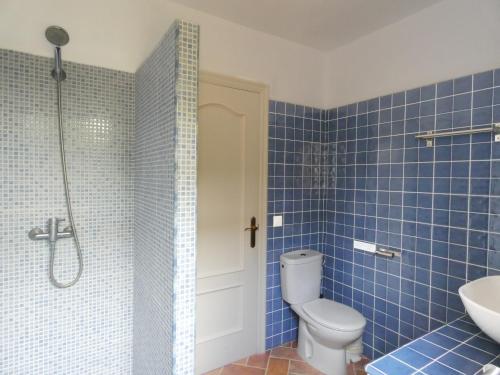 Baño de azulejos azules con aseo y lavamanos en Arriba y Abajo Cadiz, en Zahora