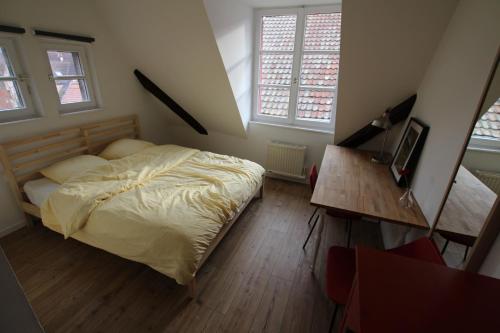 1 dormitorio con 1 cama, escritorio y ventanas en Colmar City Center - Cosy Appartement BED' N' BREDALA Max, en Colmar