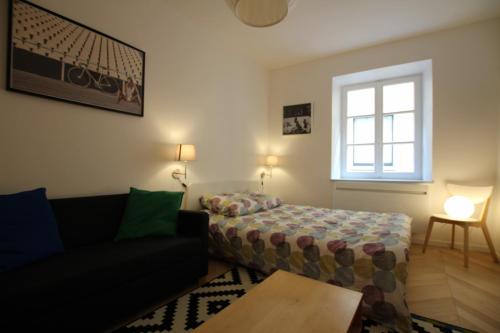 1 dormitorio con cama, sofá y ventana en Colmar City Center - Quiet Studio ALSACE, en Colmar