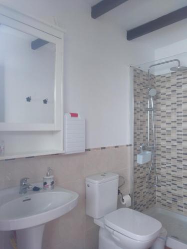a bathroom with a white toilet and a sink at Casa la plaza in Agulo