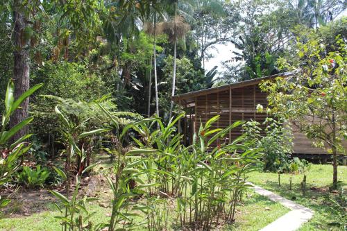 a wooden cabin in the middle of a garden at Palmayacu - Refugio Amazónico in Leticia