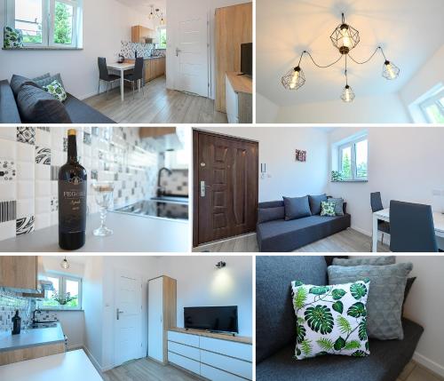 a collage of photos of a kitchen and a living room at Apartamenty Bałuty PARK in Łódź