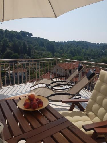 a plate of fruit on a table on a balcony at New Apartment with panoramic view in Stomorska