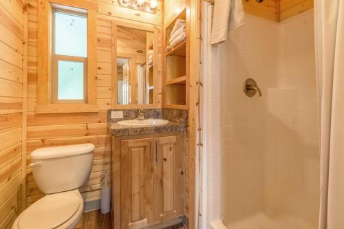 a bathroom with a toilet and a sink and a tub at Mount Hood Village Deluxe Cabin 5 in Welches