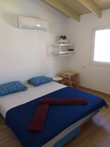 Ma‘alot的住宿－A Place To Remember，一间卧室配有一张带蓝色毯子的床和窗户。
