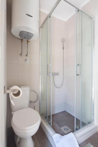 a bathroom with a toilet and a glass shower at Luna apartment in Petrovac na Moru