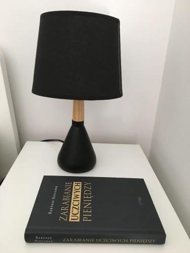 a lamp sitting on a table next to a book at Studio Fibra Lungo in Rybnik