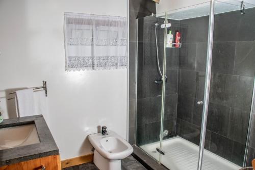 a bathroom with a shower and a toilet and a sink at Aldeia Dos Caldeirões in São Mateus