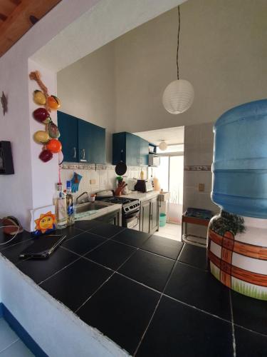 a kitchen with a blue pot on the counter at La mejor ubicación. A unas cuadras del centro in Santa Cruz Huatulco