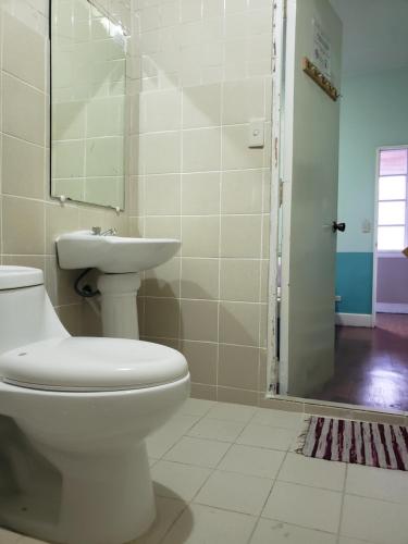 a bathroom with a toilet and a sink at Old Orangewood Bed & Breakfast in Baguio