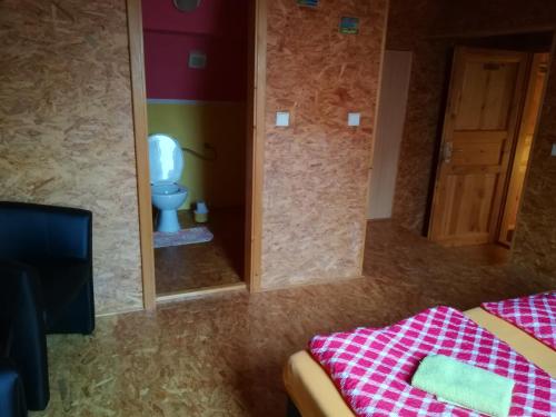 a room with a toilet and a bed and a mirror at Private Světluška in Poběžovice