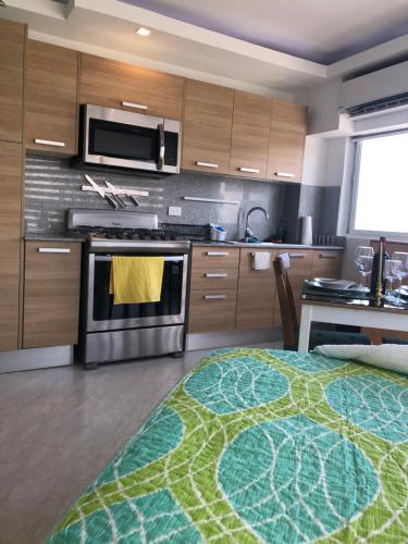 a kitchen with a large rug on the floor at Estancia Riviera Colonial I in Santo Domingo