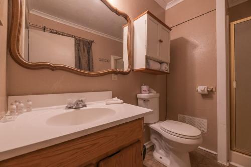 a bathroom with a sink and a toilet and a mirror at Black Forest Lodge in Big Bear Lake