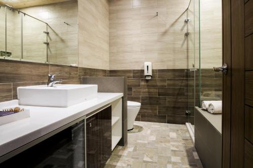 a bathroom with a sink and a toilet and a shower at Duo Romance Hotel in Hualien City