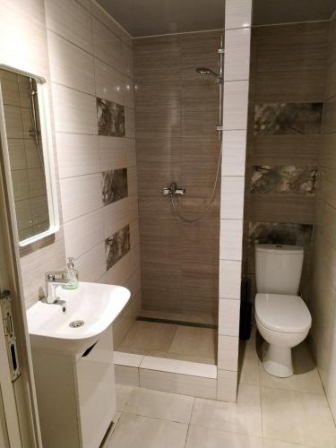 a bathroom with a toilet and a sink and a shower at Svitiaz Griada in Szack