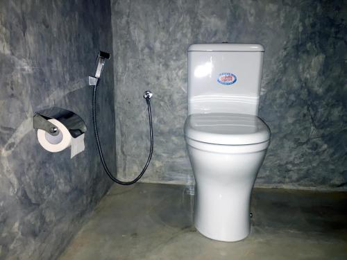 a white toilet in a bathroom with a roll of toilet paper at The Rezt in Ella