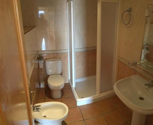 a bathroom with a toilet and a shower and a sink at Hotel-Spa VegaSierra in Bogarra