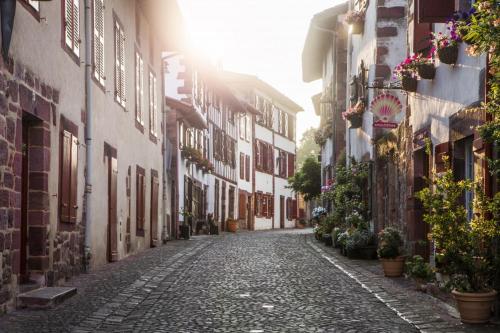 an alley with buildings and plants on the side of a street at Residence Parc Arradoy in Saint-Jean-Pied-de-Port