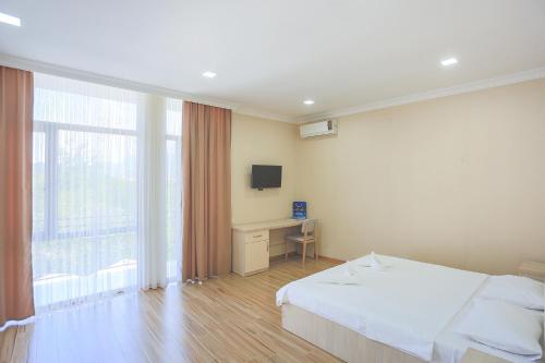 a bedroom with a bed and a desk and a television at Hotel Botanica in Chakvi