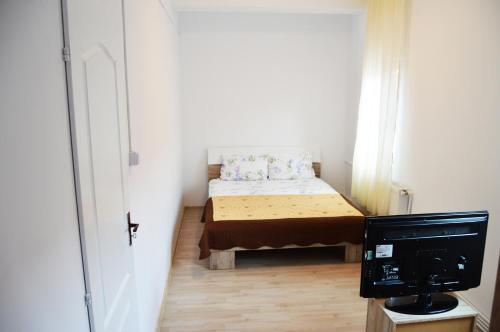 een kleine kamer met een bed en een televisie bij Pensiunea Florian in Tulcea
