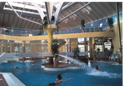 eine Gruppe von Personen, die in einem Pool in einem Gebäude schwimmen in der Unterkunft Ferienwohnungen Haus Fernblick in Bad König