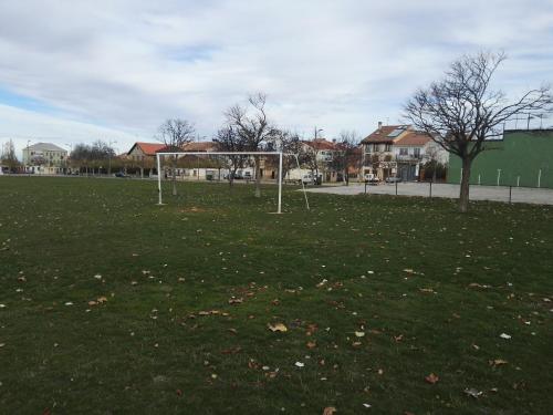 a soccer field with a goal in the grass at Pequeño y Coqueto Piso en Riaza in Riaza