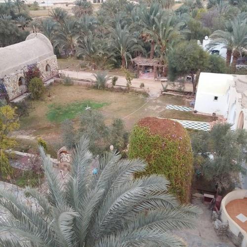 an aerial view of a park with palm trees and a building at Ahmed Safari Camp in Bawiti