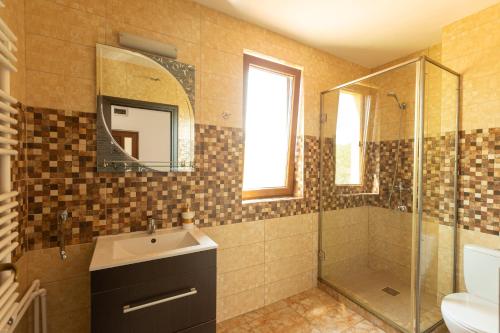 bagno con lavandino, doccia e specchio di Rosiem House a Techirghiol