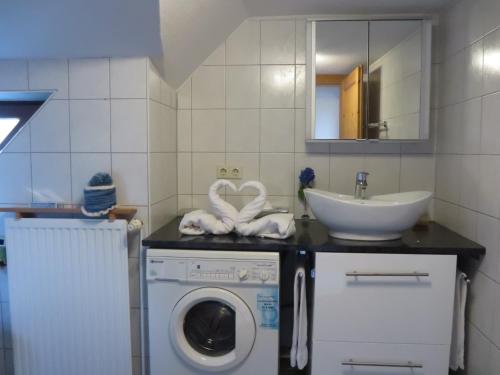 a bathroom with a washing machine and a sink at Ferienwohnung Sonne & Sauna in Sönnebüll
