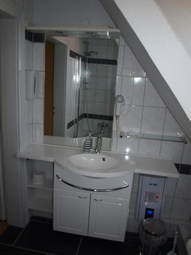a bathroom with a sink and a mirror at Ferienhaus Maria in Vinningen