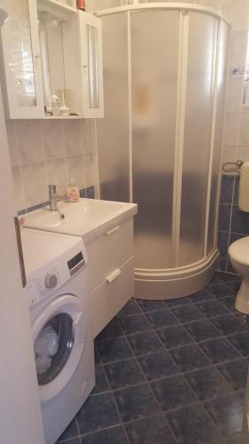 a bathroom with a washing machine and a shower at Zagi in Povljana