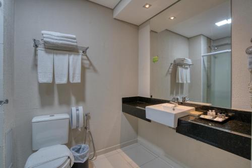 een badkamer met een wastafel, een toilet en een spiegel bij Viale Tower Hotel in Foz do Iguaçu
