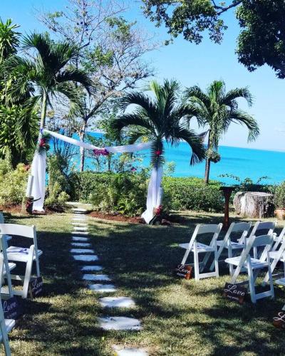 a row of white chairs and a table and palm trees at Contemporary Ocean and Garden- view Studio in Mearnsville
