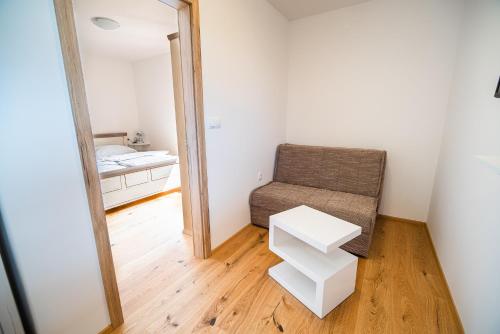 a small room with a chair and a mirror at Holiday Home Kerin in Cerklje ob Krki
