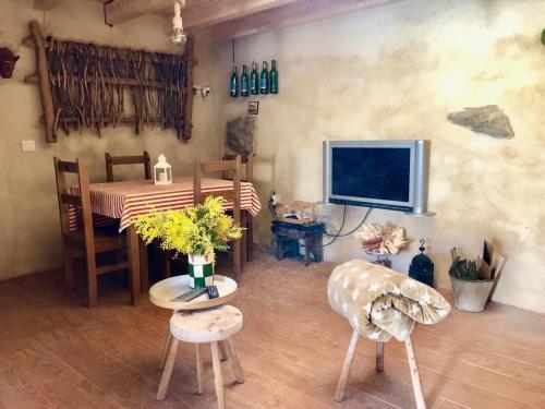 a living room with a table and a television at La Casa de La Duquesa in Zafara