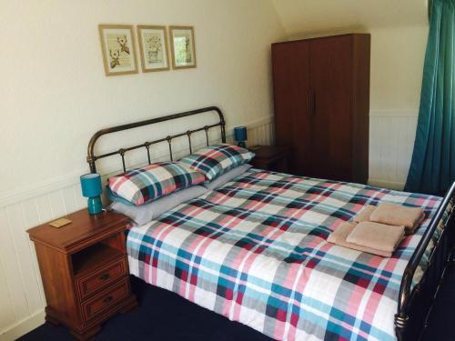德夫鎮的住宿－Lettoch Farm，一间卧室配有一张带铺着地毯的床和床头柜。
