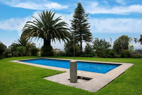 una piscina en un patio con una palmera en Vacation House in Quito, en Quito