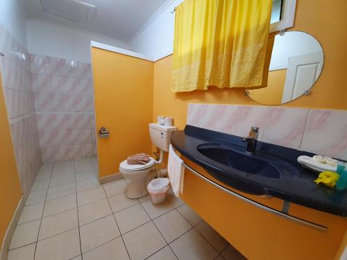 a bathroom with a sink and a toilet and a mirror at Le Uaina Beach Resort in Falepuna