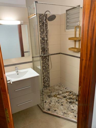 La salle de bains est pourvue d'une douche et d'un lavabo. dans l'établissement Studio ds résidence sécurisée avec vue & accès à la mer ., à Le Moule