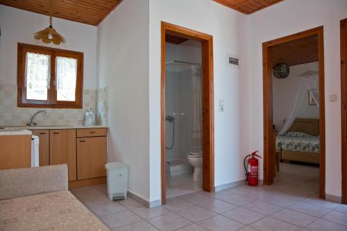 y baño con ducha, aseo y lavamanos. en Limenaria Apartments, en Mókhlos