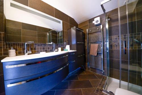 uma casa de banho com um lavatório azul e um chuveiro em King Of The Lake em Riva del Garda