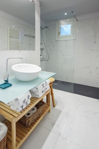 a bathroom with a sink and a glass shower at ATeRIAN LAZKANO ENEA in Getaria
