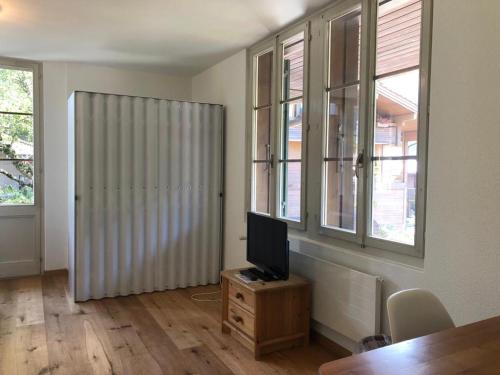 a living room with a television on a wooden table at Hotel Krone Budget in Lenk