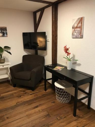 a living room with a chair and a table and a television at Wieko Ferienwohnungen - Luxus Pur im Prinz von Preußen in Bad Elster