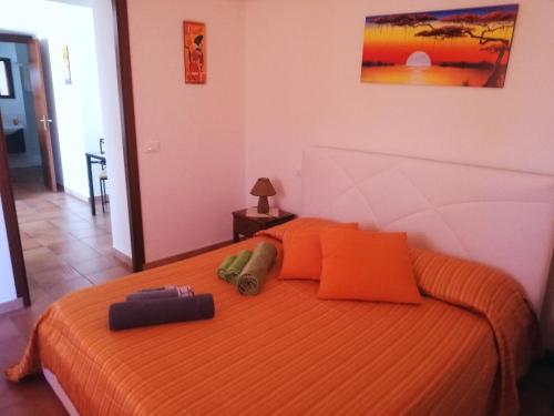 a bedroom with a bed with an orange bedspread at Dammuso Surya Cloe in Pantelleria