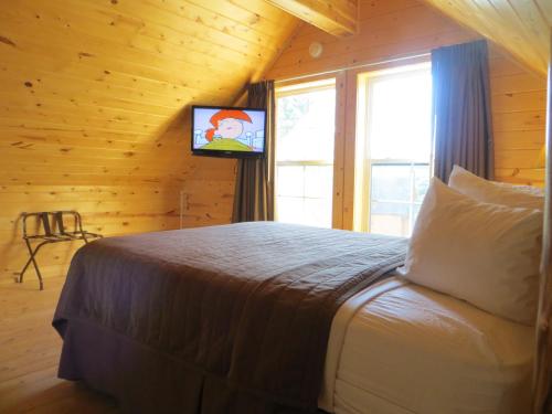 Una televisión o centro de entretenimiento en Cabins of Mackinac & Lodge