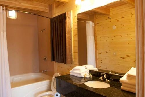 a bathroom with a toilet and a sink and a tub at Cabins of Mackinac & Lodge in Mackinaw City